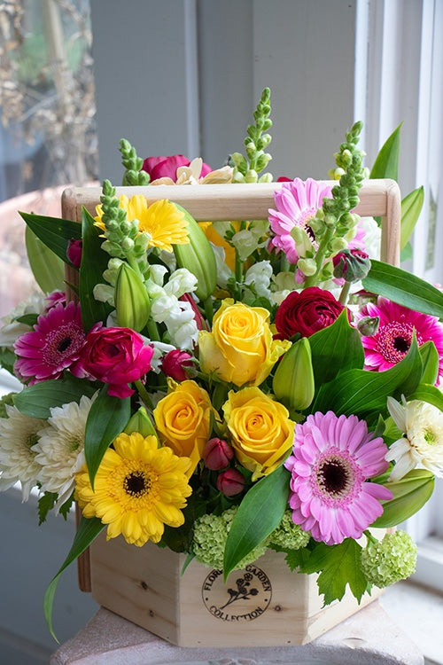 Happy Birthday Flower Basket in bright & cheery colours, large size