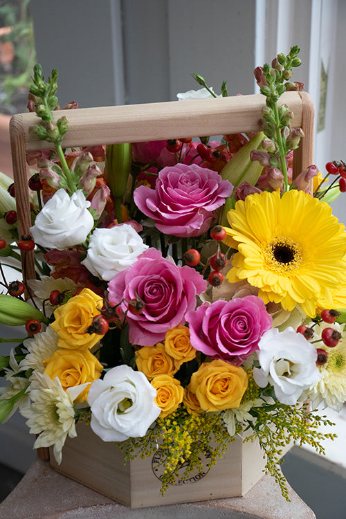Happy Birthday Flower Basket in bright & cheery colours, large size