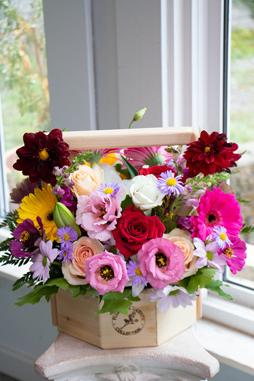 Happy Birthday Flower Basket in bright & cheery colours, large size