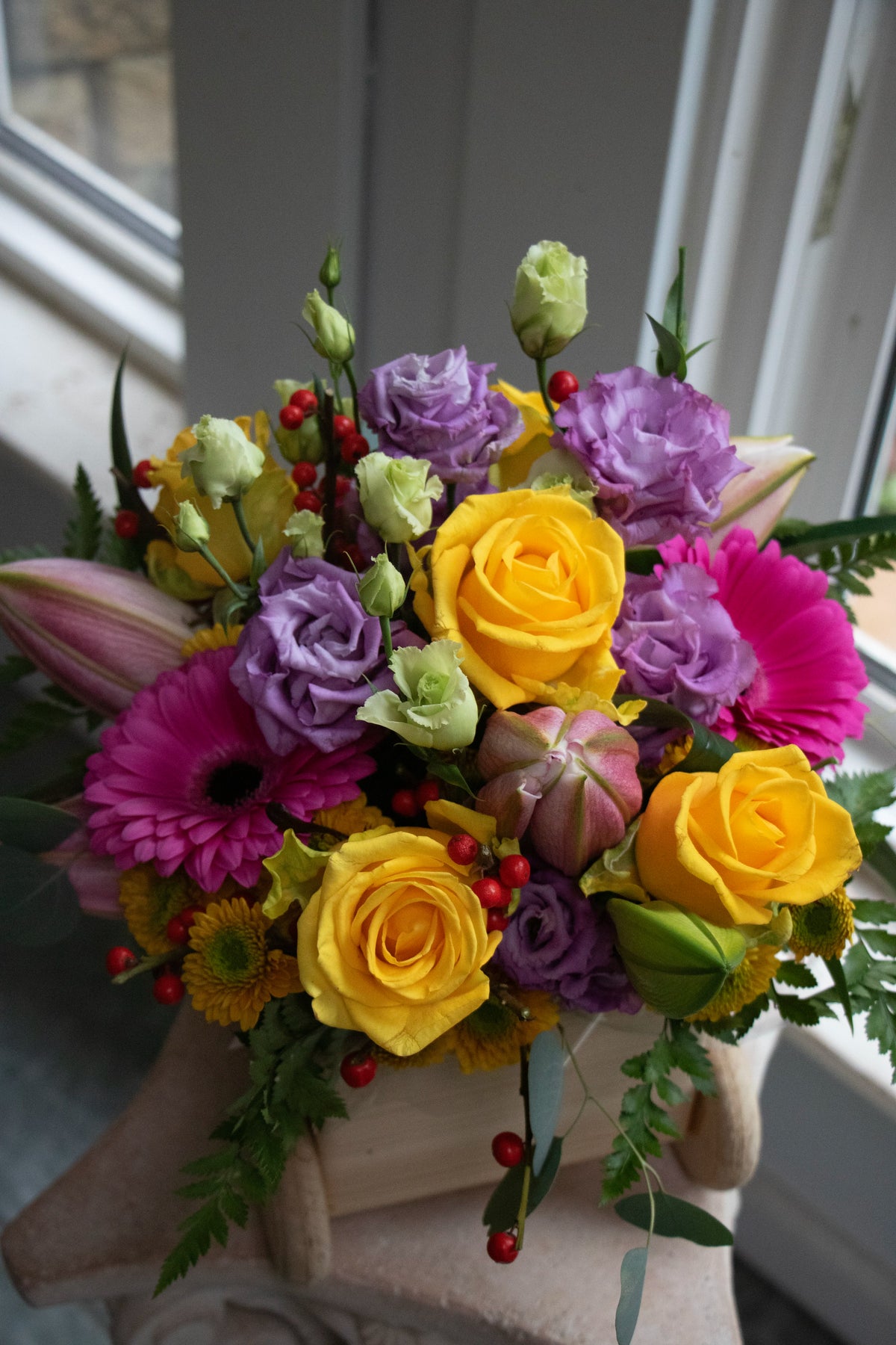 New Baby Flowers in a wooden carriage